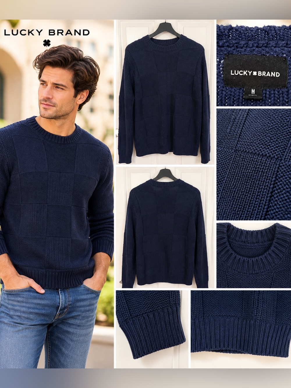 Lucky Brand Men’s Medium Navy Blue Textured Knit Crewneck Sweater